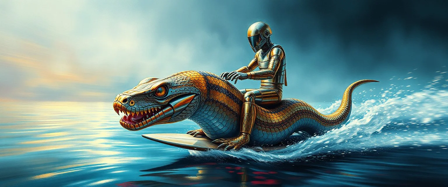 airbrush and pen outline, master oil painting by Rembrandt, chrome mega python man viggo sandvik as insane eel wild ginger robot on surfboard boat trike , goa trance glitch poster, background motion blur, volume fog with light rays