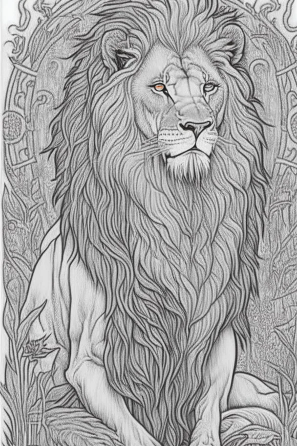 coloring book page of a magical lion, monochrome, black and white, sharp, sketch drawing