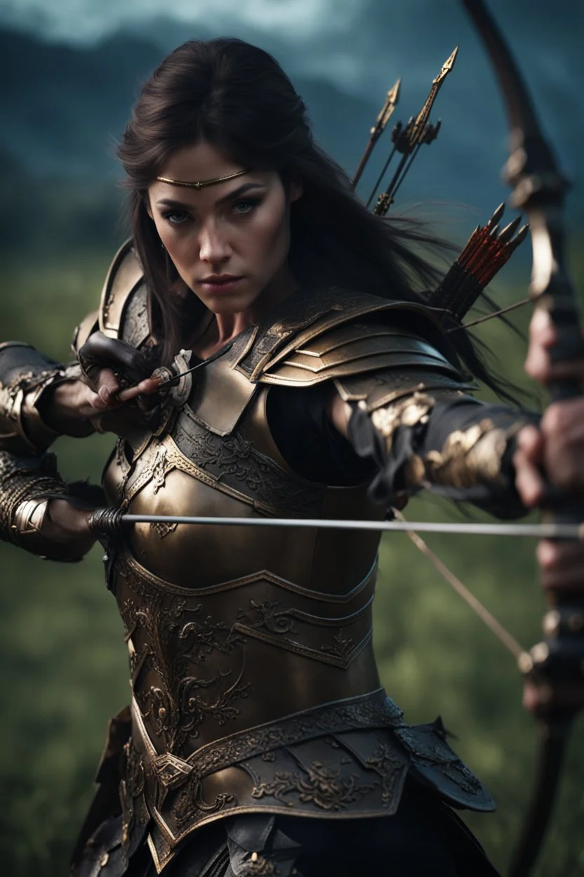 female warrior aiming a bow and arrow wearing bronze half armour dark fantasy Realistic 4k