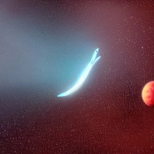 shark composed of stardust biting on a red planet in space.