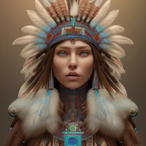 war painted pueblo Indian female,detailed eyes, blue eyes,, disturbed expression.intricate detaile,thnically accurate face, intricate head dress,detailed turquoise jewelry, detailed hair, detailed feathers, use dynamic palette, accurate proportions, high contrast black smokey bokeh background.studio ghibli,andrea bonelli,Kilian Eng,Ohrai, korra character, style.