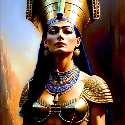 portrait beautiful face Nefertiti,busty,ancient metal armor balanciaga fashion clothe painting by gaston bussiere, greg rutkowski, yoji shinkawa, yoshitaka amano, tsutomu nihei, donato giancola, tim hildebrandt, oil on canvas, cinematic composition, extreme detail,fit full head inside picture