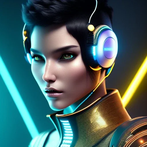 Rosalía, Cyborg anime warrior, cyberpunk, light black short hair, pixie hairstyle, cobalt eyes, waist up portrait, 8k resolution, retroanime, intricate details, neon details, soft lighting, vibrant colors, masterpiece, intricate eyeliner, dark eyeshadow, eyes, intricate tattoos, gradient background