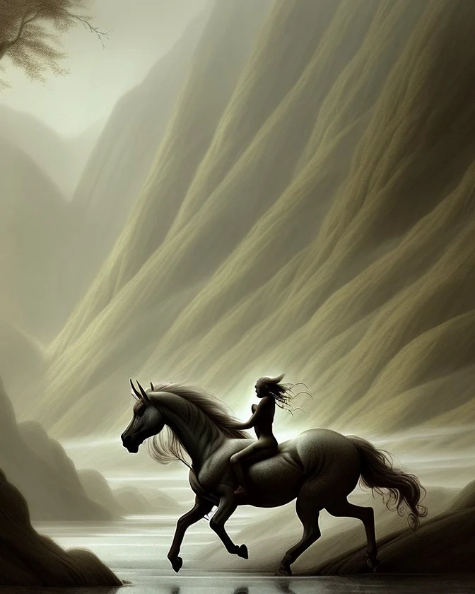 A centaur majestically galloping through the dense forest in the style of gustav dore, fantastical landscape, soft strokes , mythology portrait, classic painting