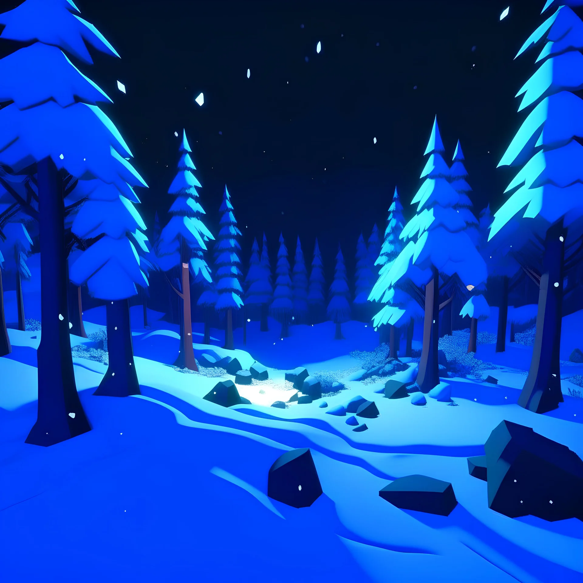 A 3D winter forest covered in snow at night from a Nintendo 64 game