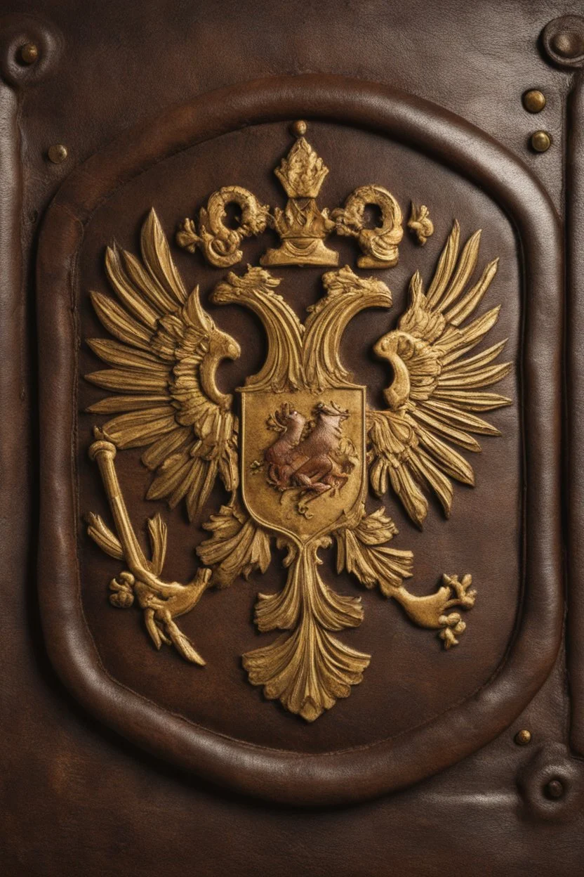 in the BASEMENT there is an old, broken brown oblong leather chest with short handles, with a hole on the side, gold coins from the time of Catherine the Great fall out of it. The ancient coat of arms of tsarist Russia, the double-headed eagle, is BARELY VISIBLE on the bag. All in high quality 8K