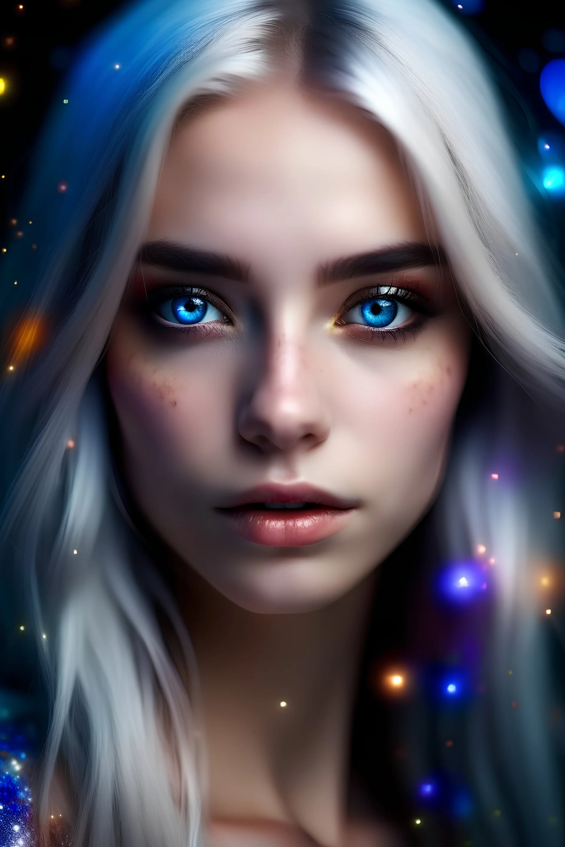 pretty girl, PRETTY EYES, highly detailed face, multicoloured eyes, long white hair, STARS GALAXY background, 4k, high resolution