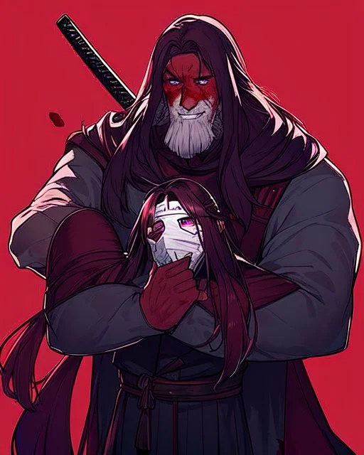 Man with Purple long hair, purple eyes with murderous intent, wears a mask around his neck without covering his mo, He wears an assassin's outfit, carries a katana, dark red background, his face is stained with blood on his cheeks, he has a calm and cold expression, and He is a 23-year-old man but has a light body and not that strong, You have a "Z" mark on your clothes, As I said, his body is not that heavy so he is very thin, being very normal compared to people.