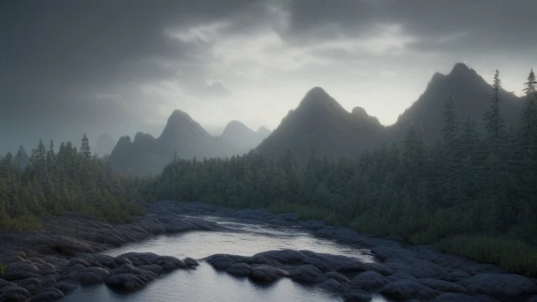 Cloudy dark sky, Distant epic mountains, river, rocks, trees