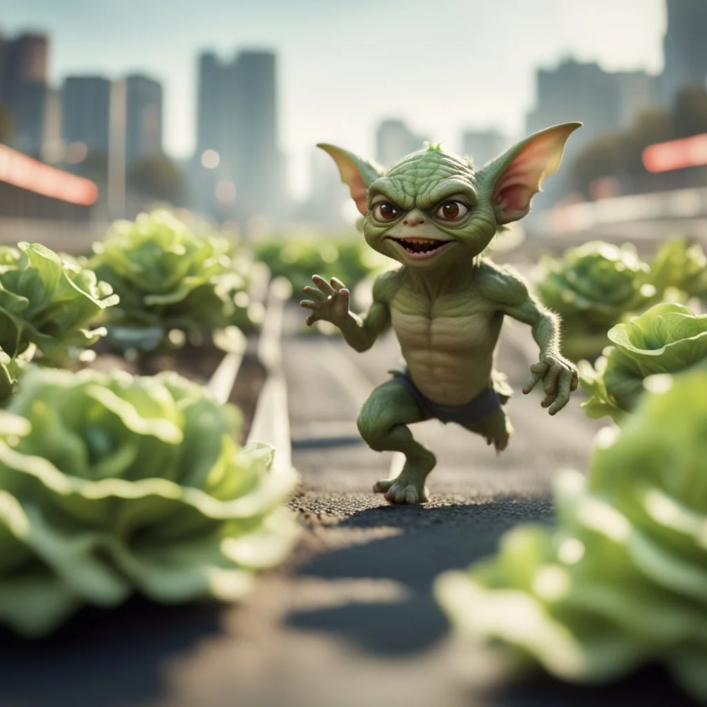 gremlins in 100 m championship on freeway running on lettuce cabbage, in the style of a fallout 4,bokeh like f/0.8, tilt-shift lens 8k, high detail, smooth render, down-light, unreal engine, prize winning