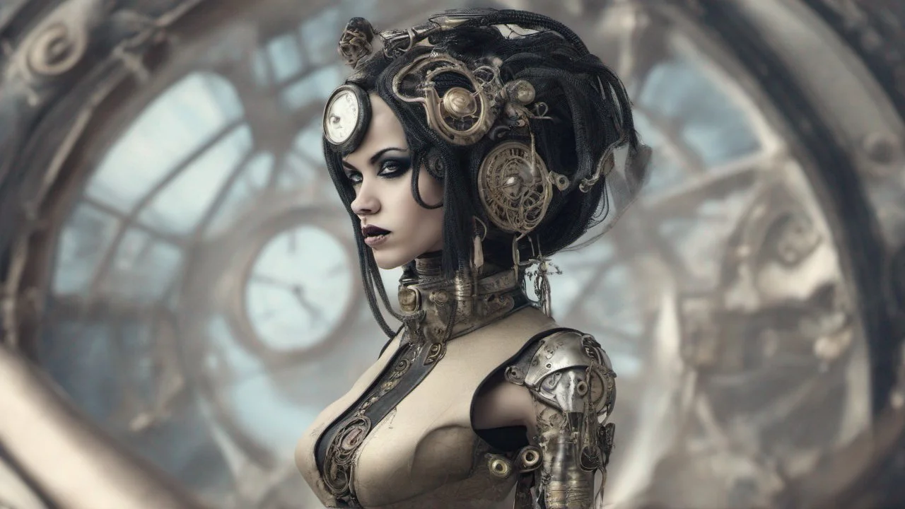 pale steampunk alien woman wearing exotic clothing. Black hair bob