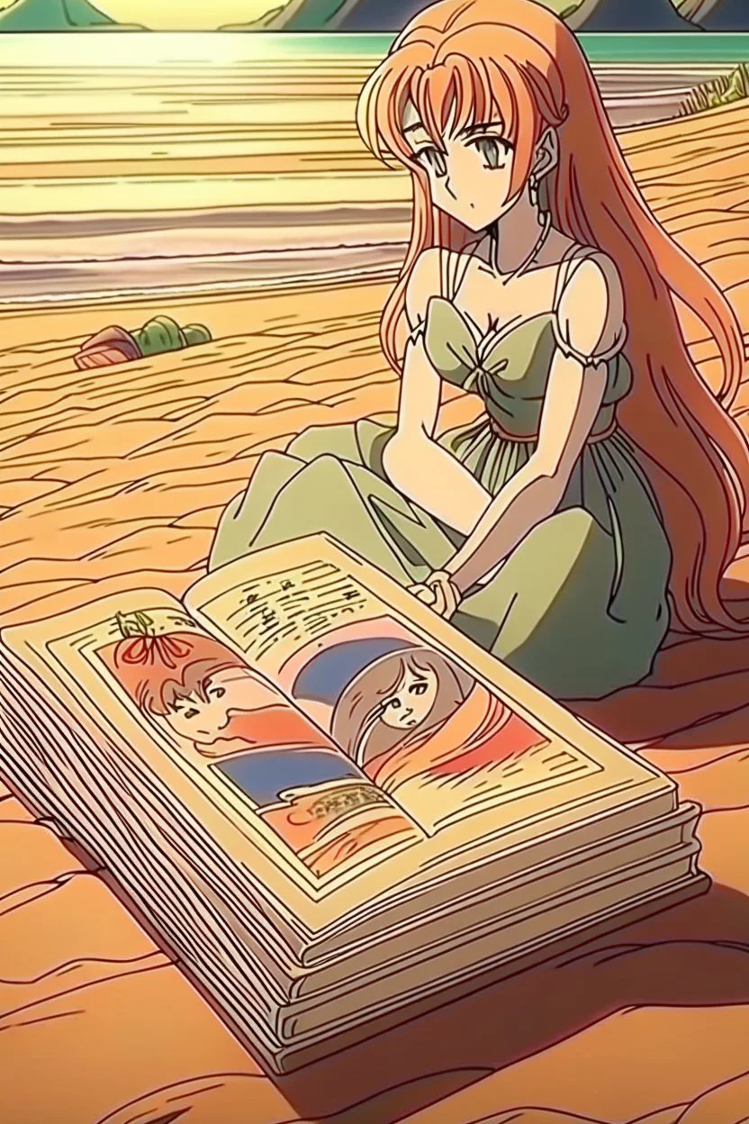drawn in 90s anime style, retro anime style, 1 singular Book lying with a cover on table the cover depicting a woman on the beach, medieval grimoire, no people, no cluter