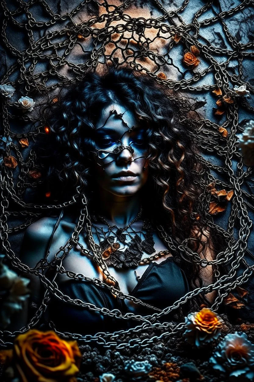 abstract creation of a beautiful girl with black curly hair, surrounded by black roses, thick metal chain broken, glass petals on the ground, autumn colours,dried out thorn bush, chaos,