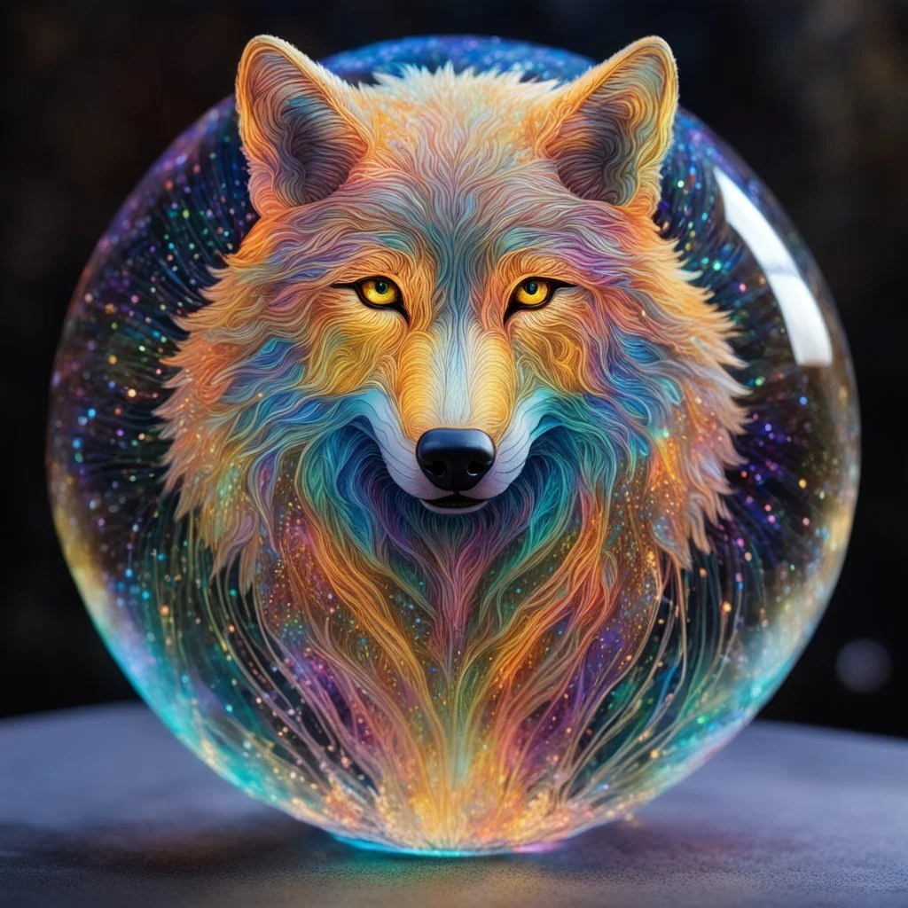 Image of a wolf made up of thousands of very thin glowing lines.Wolf is looking straight at the camera , Symmetrical image, Background is a colorful flowy swirls, golden lines, 3D, alcohol ink effects, sprinkle glitter, pearls, beads. Placed in a glass ball..