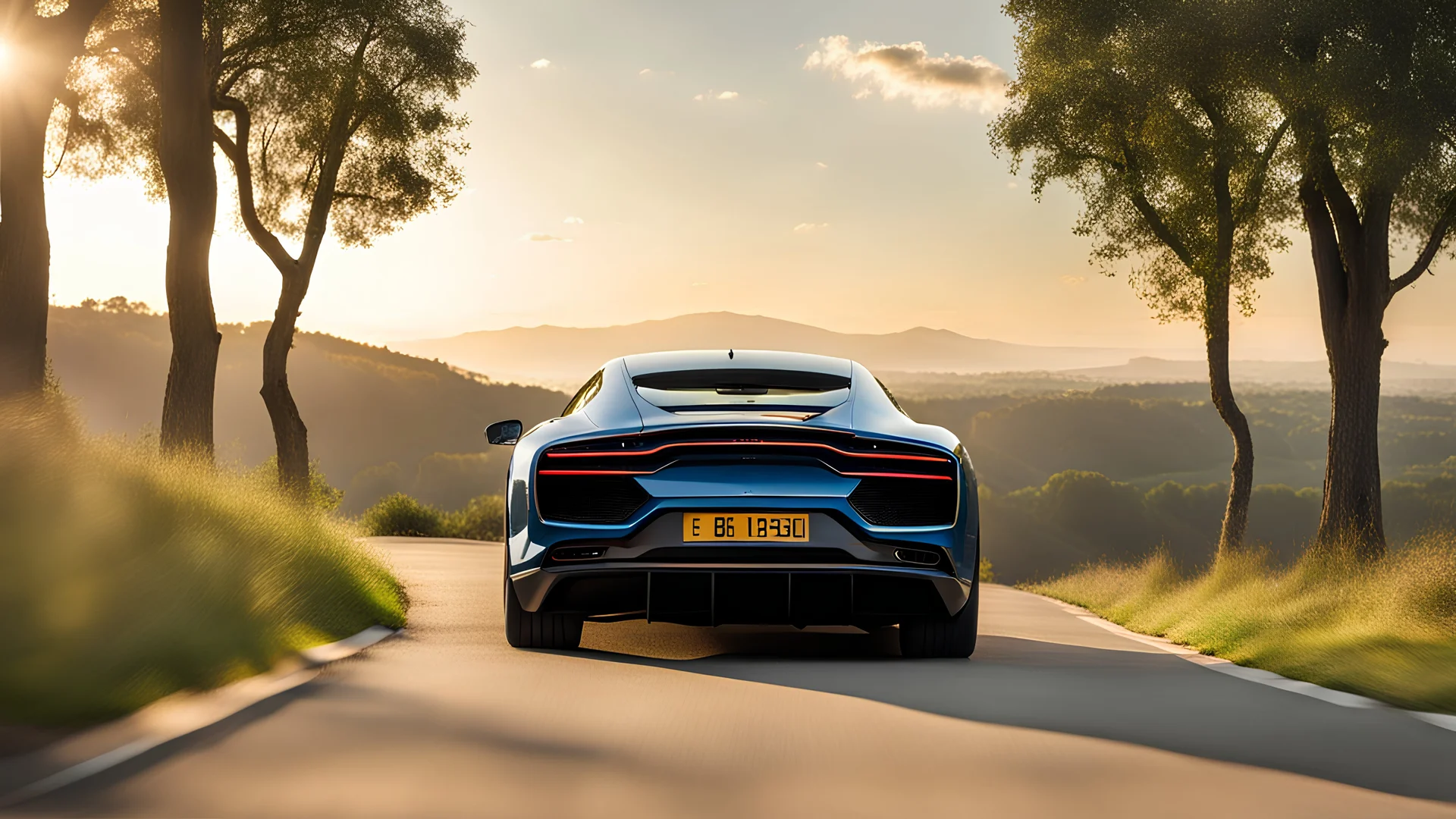 A sleek rear view of (((a cross of chiron and cullinan))), on street, with hill and trees around, a beautiful clouds and sunny weather