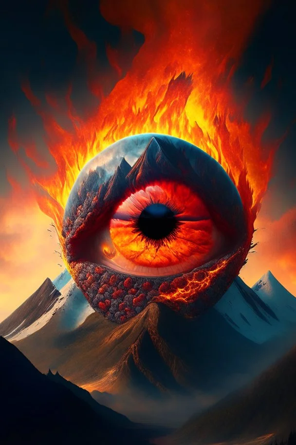 Flaming eyeball with mountains inside