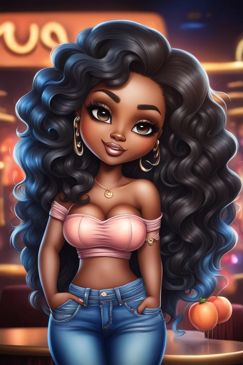 create an airbrush illustration of a chibi cartoon curvy black female wearing Tight blue jeans and a peach off the shoulder blouse. Prominent make up with long lashes and hazel eyes. She is wearing brown feather earrings. Highly detailed long black shiny wavy hair that's flowing to the side. Background of a night club.