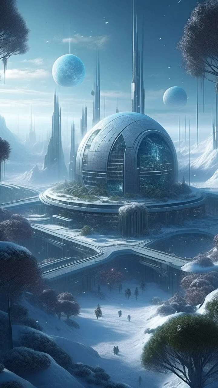 sci fi planet, futuristic winter garden, busy city