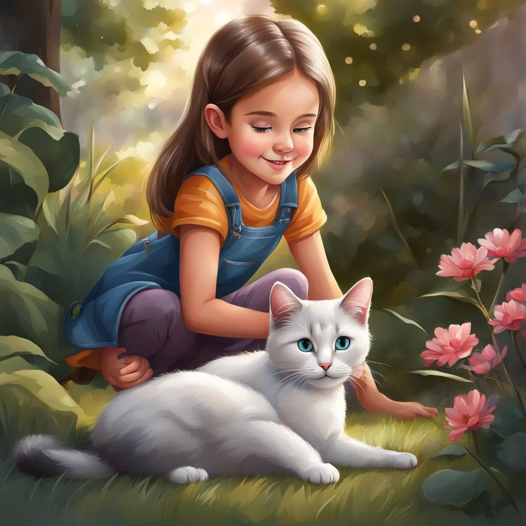 very beautiful realistic cartoon 10 years old girl playing with a cat