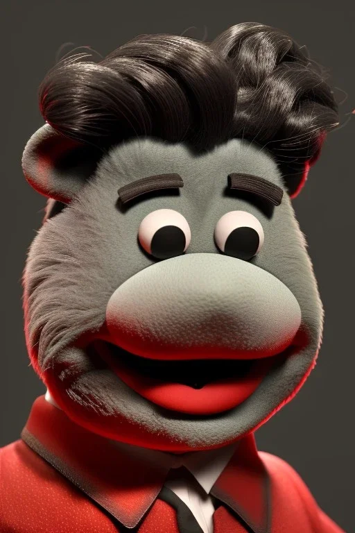 Waist up muppet Portrait, Kim Jong-un muppet doll, black suit, photo studio, red background, unreal engine 5, concept art, art station, god lights, ray tracing, RTX, lumen lighting, ultra detail, volumetric lighting, 3d.