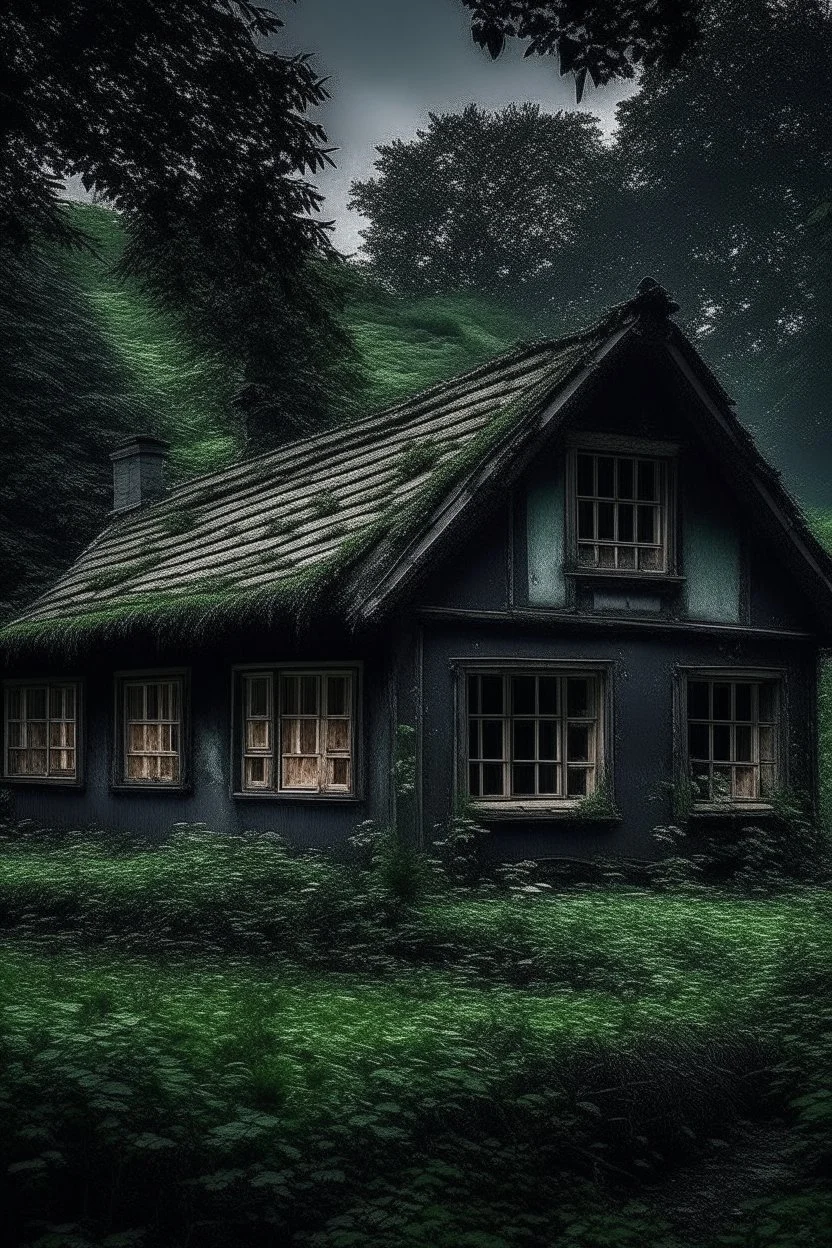 An old abandoned cottage with windows and dim light in side the house , in a dark and tranquil bosque with much flora and rain