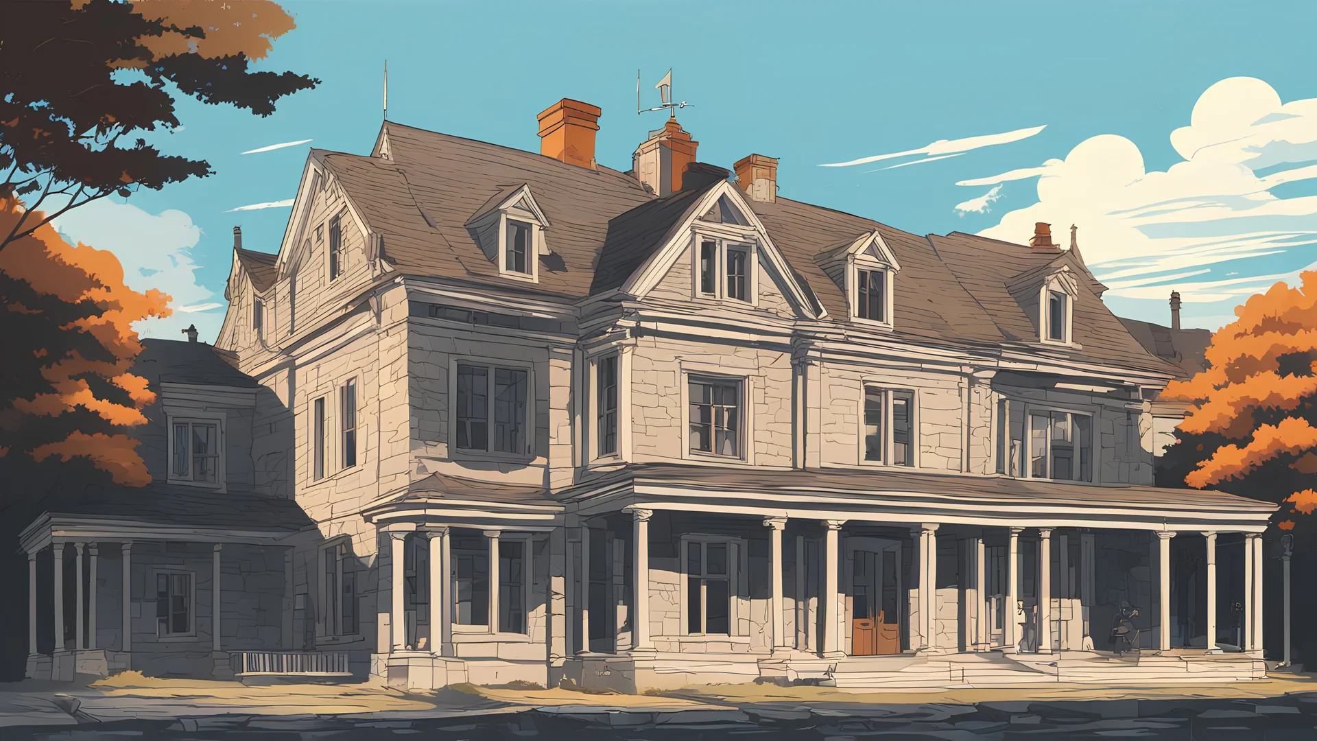 Vector. Illustration. Stone house school. Old home school. 2D animated. 1900 AD. Istanbul. Digital painting, inside. Minimal.