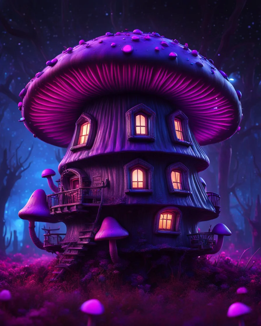 An illogical floating mushroom house on a clear moonless night. . Bright Bold Bright Colors, blue purple pink black, Starry Dark cosmic interstellar. Detailed Matte Painting, deep color, fantastical, intricate detail, splash screen, hyperdetailed, insane depth, concept art, 8k resolution, trending on Artstation, Unreal Engine 5, color depth, backlit, splash art, dramatic, High Quality Whimsical Fun Imaginative Bubbly, perfect composition