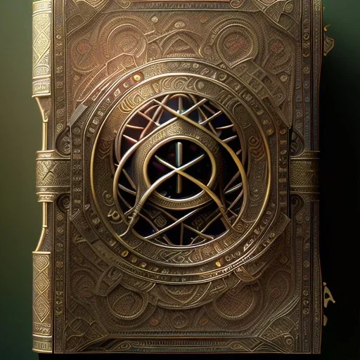 cover of an ancient ornate intricate spell book, cinematic, realistic, intricate details, photorealistic, octane render,artstation, mistery room background, 512K