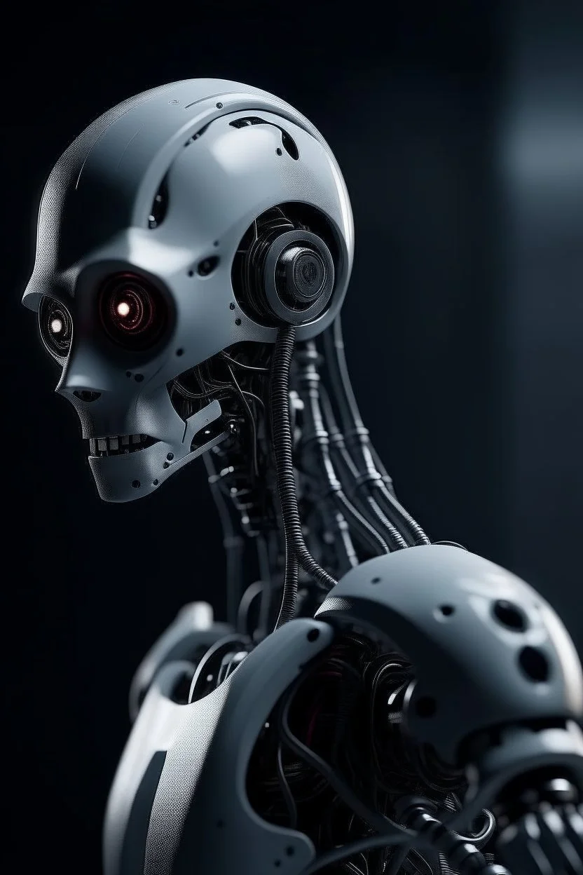 a scary robot searching for humans looking right