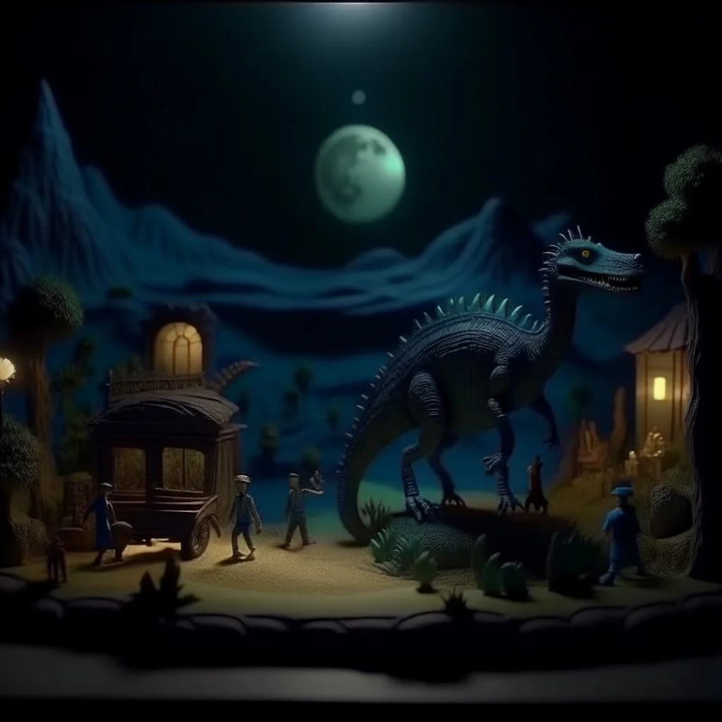 diorama from inside a dark magical lizard with civilizations surrounding on the teeth, laborious farmers and family workers walking on the tongue, moon light, mystical vibes, 4k