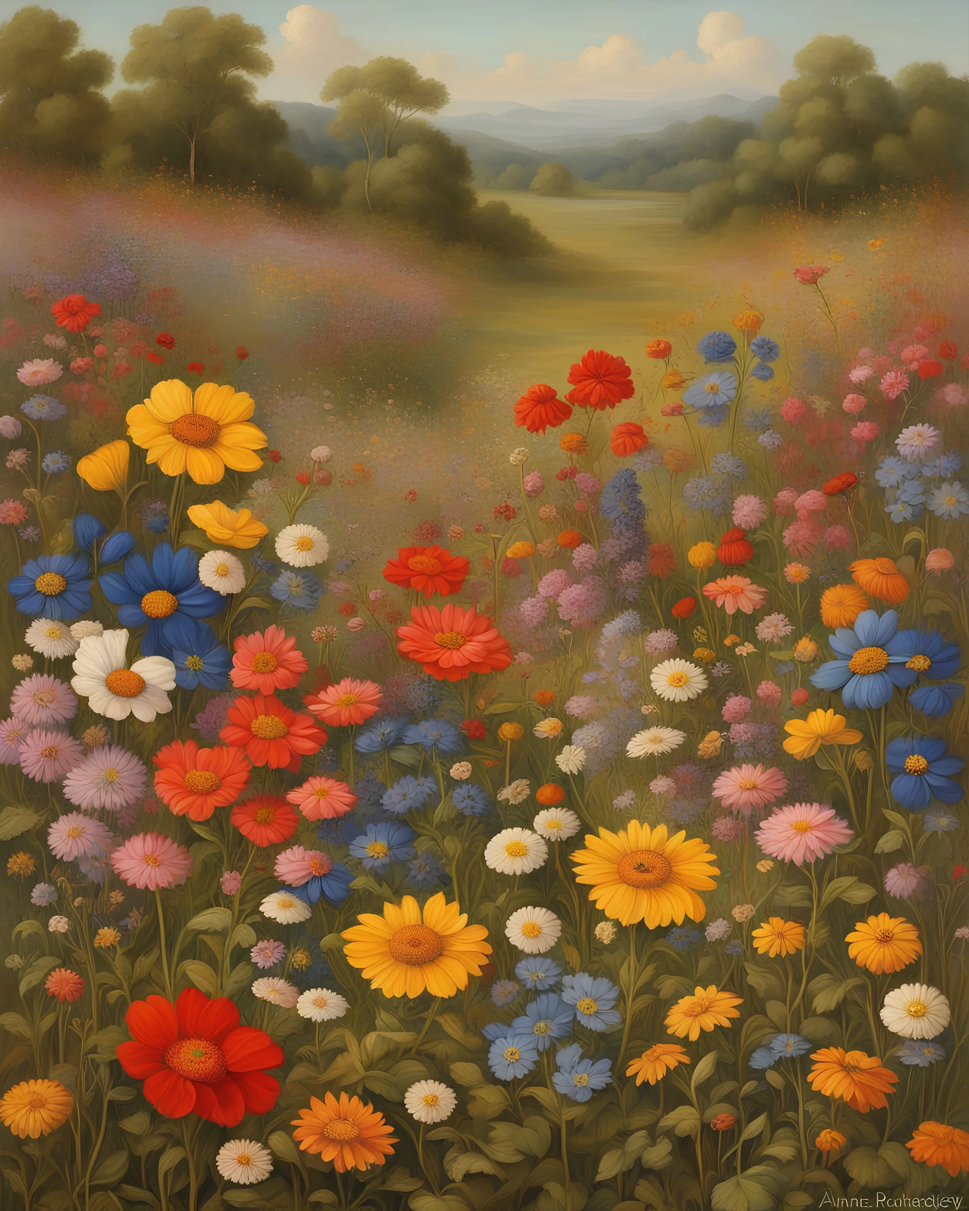 a painting of a field of colorful flowers, meadow with flowers, by Annie Rose Laing, field of mixed flowers, brightly colored flowers, wild flowers, meadow flowers, colorful wildflowers, inspired by Annie Rose Laing, garden with flowers background, flower meadow, flowers in a flower bed, by Mary Anne Ansley, inspired by Jan Brueghel the Younger