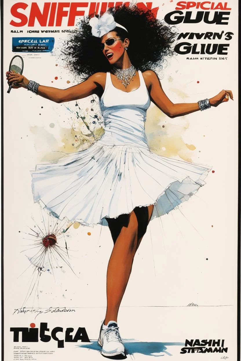 SNIFFIN’ GLUE magazine high res photo cover by Ralph Steadman: special tennis woman dance on the net; guest star : Natasha in white skirt
