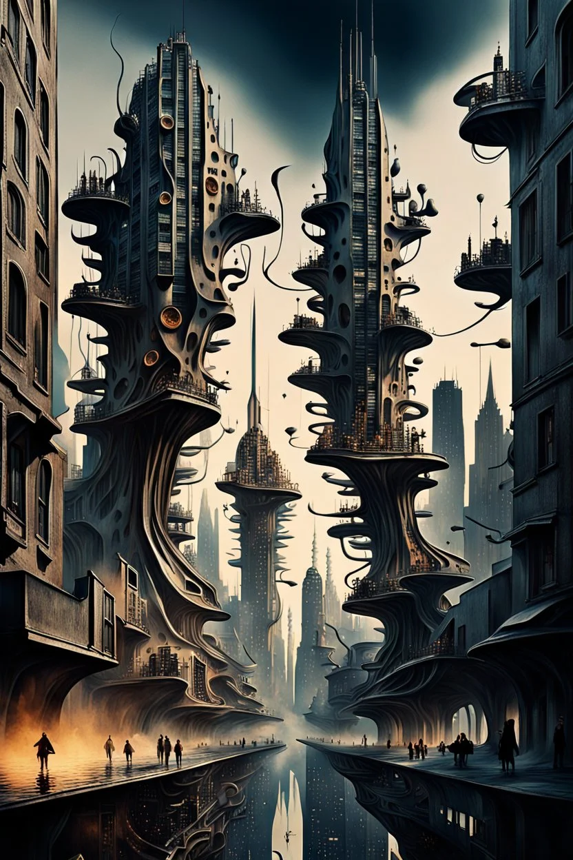 a stunningly weird image of a futuristic metropolis using Salvador Dali's paranoiac-critical method, where buildings and structures appear to melt into the skyline cityscape is filled with floating mad, twisted sharp metal shapes that interact with the buildings and each other, forming a surreal tableau of a dreamlike reality. neu-steampunk vibe, essence of the scene in a cinematic manner, with dramatic shadows that enhance the distorted perspectives and bizarre
