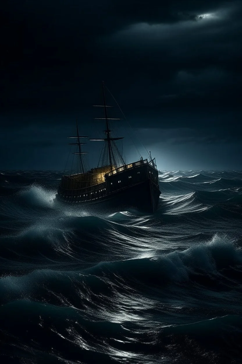A ship sinking with high waves a and stormy weather Scary siren in the dark ocean, night
