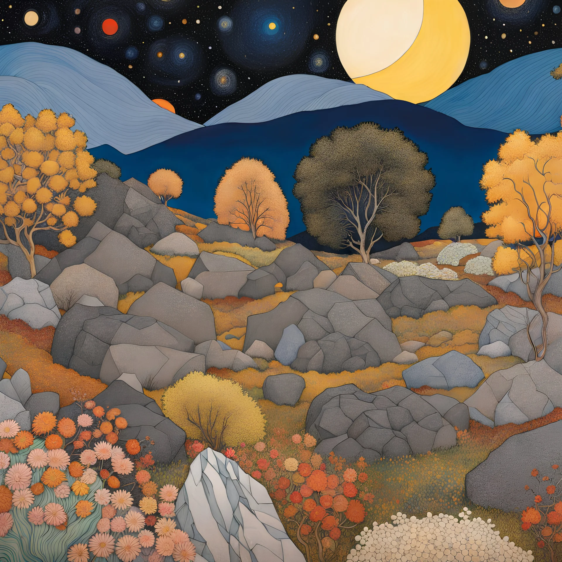 Colourful, peaceful, Egon Schiele, Max Ernst, Gustav Klimt, Vincent Van Gogh, night sky filled with galaxies and stars, rocks, trees, flowers, one-line drawing, sharp focus, 8k, deep 3d field, intricate, ornate, hypermaximalist