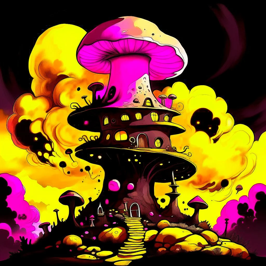 A fantabulous black, yellow, and pink (((mushroom tower house))) erected atop a (geologic pillar), surrounded by the uncanny imaginative ((( swirling skies))), offset by the stark hues of a (neon-tinged nebulous space scape), within. captured by the hand a skilled master painter with a focus on (softly blurred compositions and voluminous lighting).