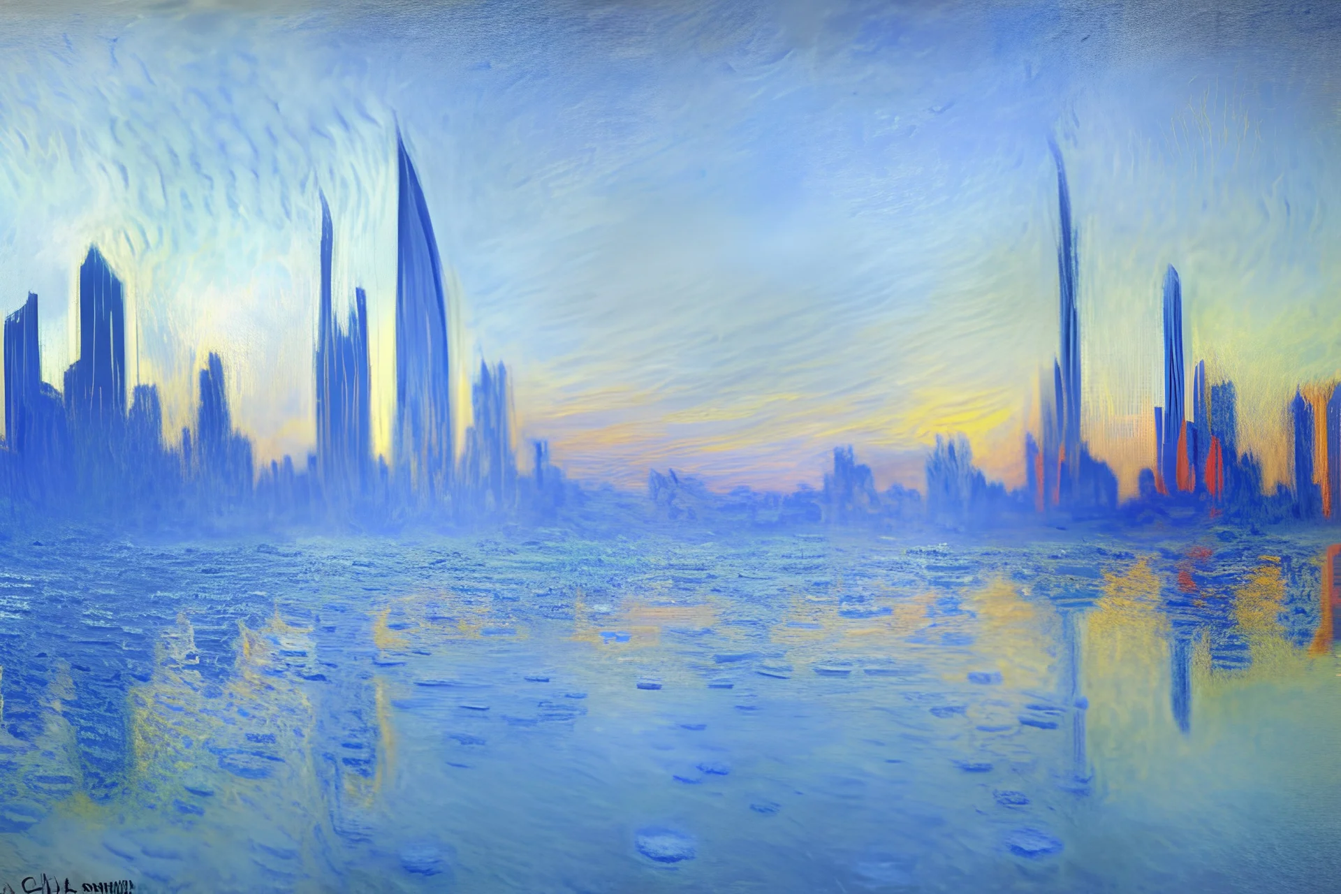 Futuristic city, frozen lake, claude monet realistic oil painting