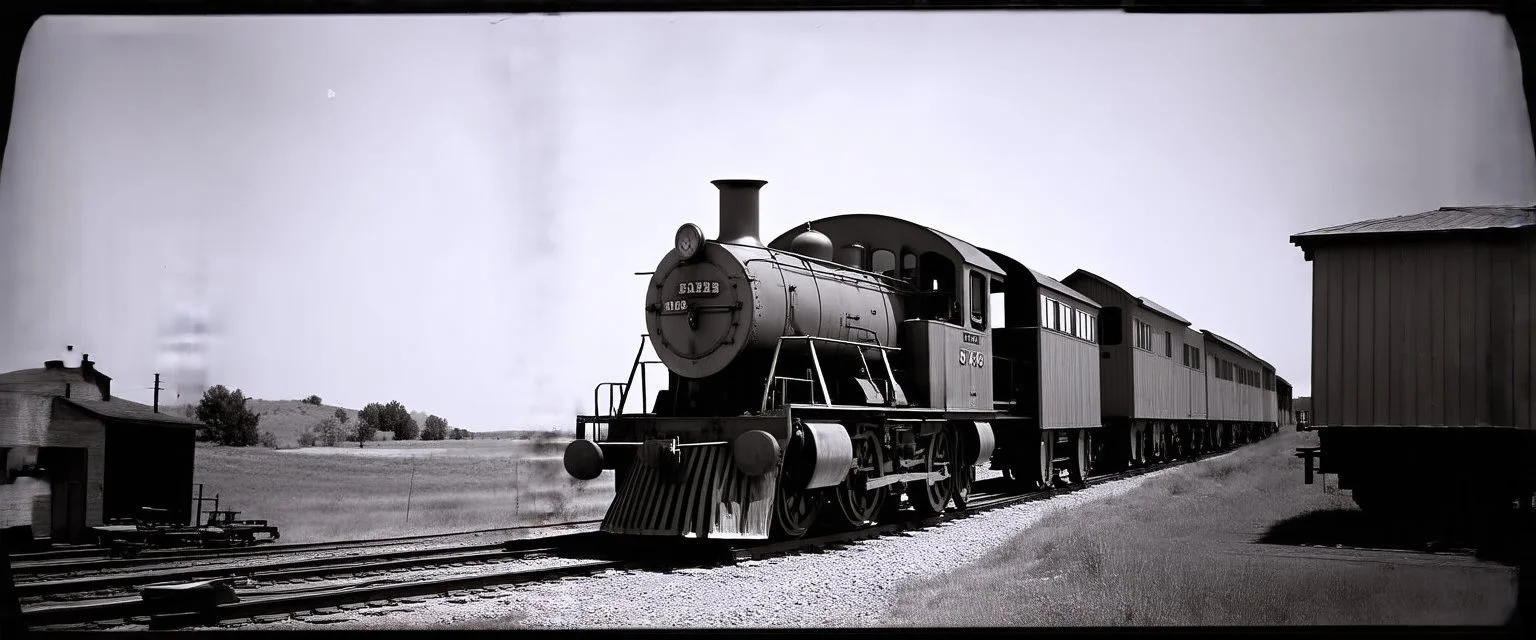 old western railroad, grayscale, antique pinhole photo