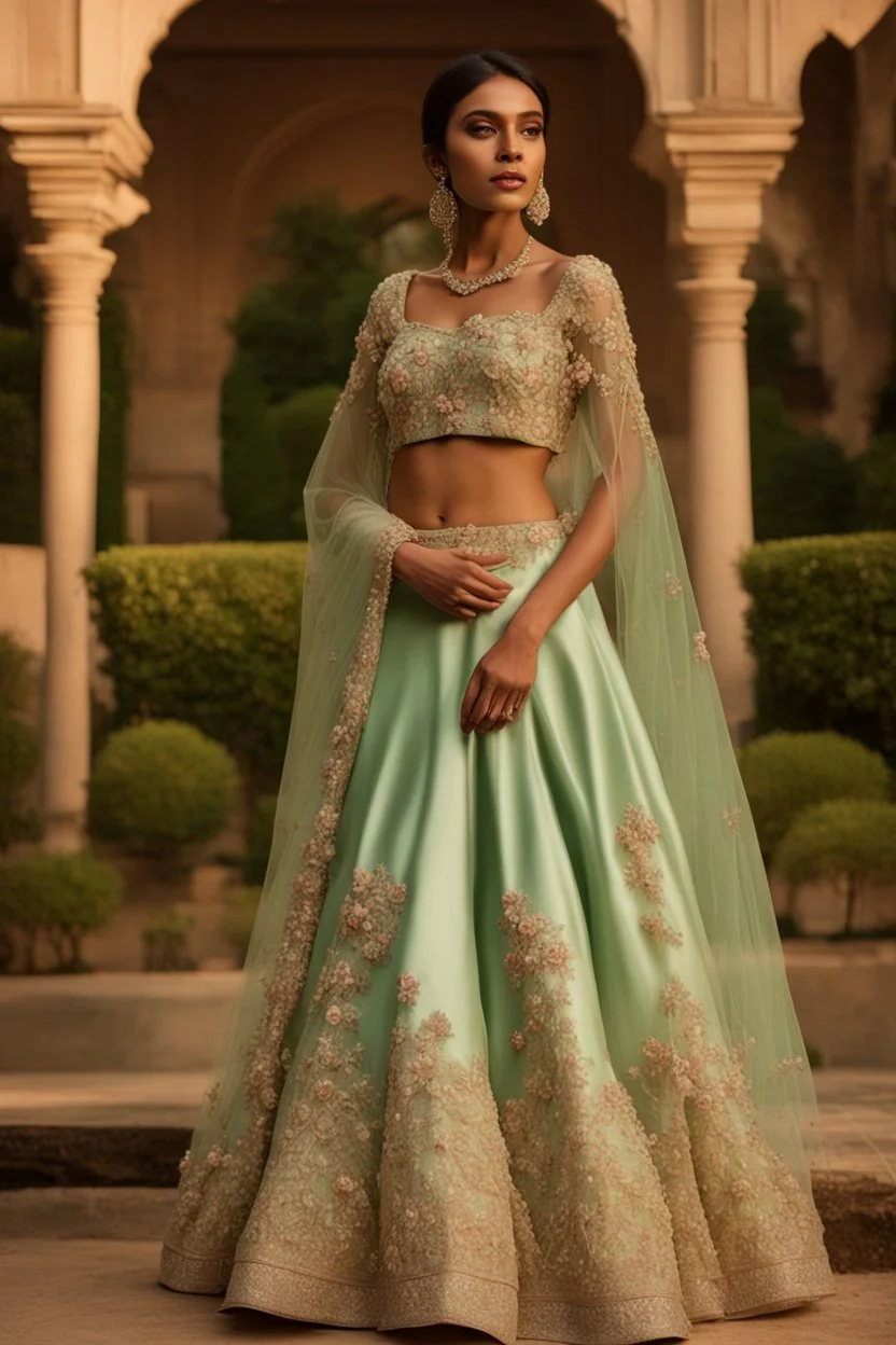 A mint green silk lehenga adorned with 3D floral appliqués and beadwork.The choli (blouse) features a modern off-shoulder design with delicate lace sleeves.The lehenga's flare is voluminous and creates a sense of grandeur.