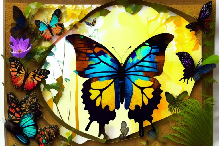 double exposure, Rainforest, flowers, birds, no text, signature no watermark, merged layers, waterfall and butterflies Patchwork and painting by Meghan Duncanson and Jennifer Lommers and Didier Lourenço in sunshine plastic 3D effect ochre, burlap, mirror foil