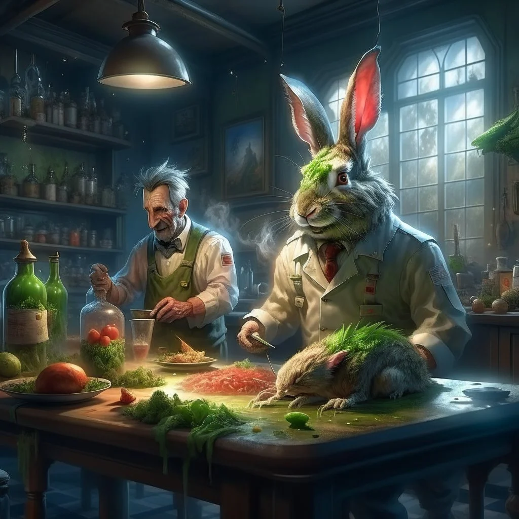 portrait of crazy scientist and army officer irradiating food inside grove with huge fluffy hare, 4 k, down-light, soft light, depth of field, photo realism, trending on art station, high detail, spray paint