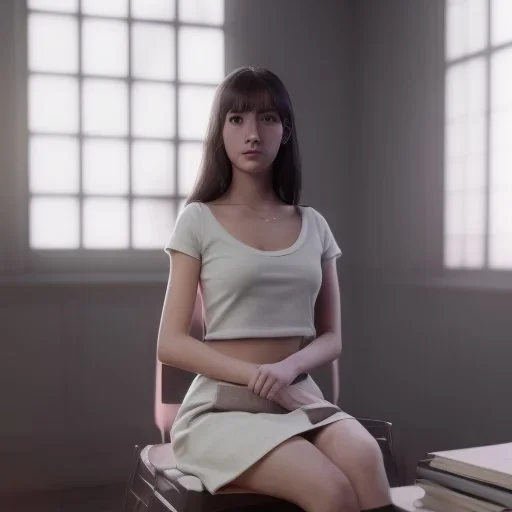 Study girl in university by the room, on book, movie, real photo realistic, unreal engine, cinematic lighting --ar 1:1 creative