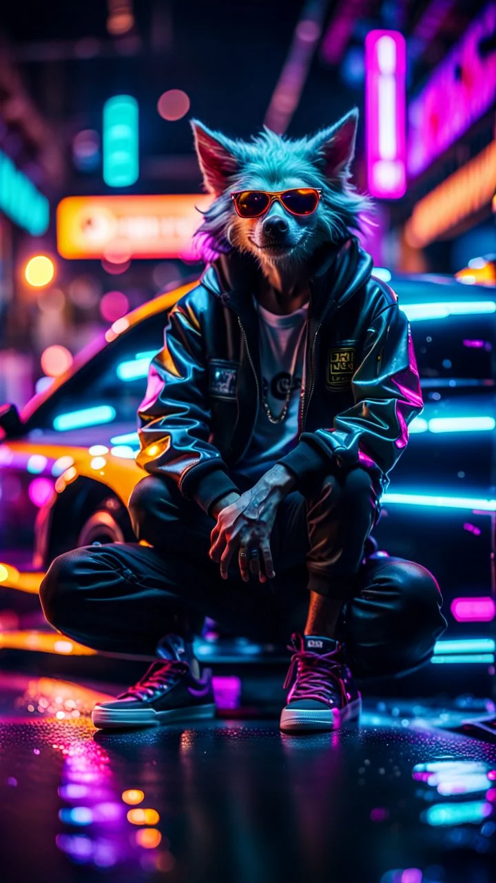 camera angle from feet, portrait of slick lord water wolf Gremlin myth buster pimp ninja yoga cyber punk sitting on the hood of a hipster car parked in dark neon lit reflective wet arcade hall tunnel,bokeh like f/0.8, tilt-shift lens 8k, high detail, smooth render, down-light, unreal engine, prize winning