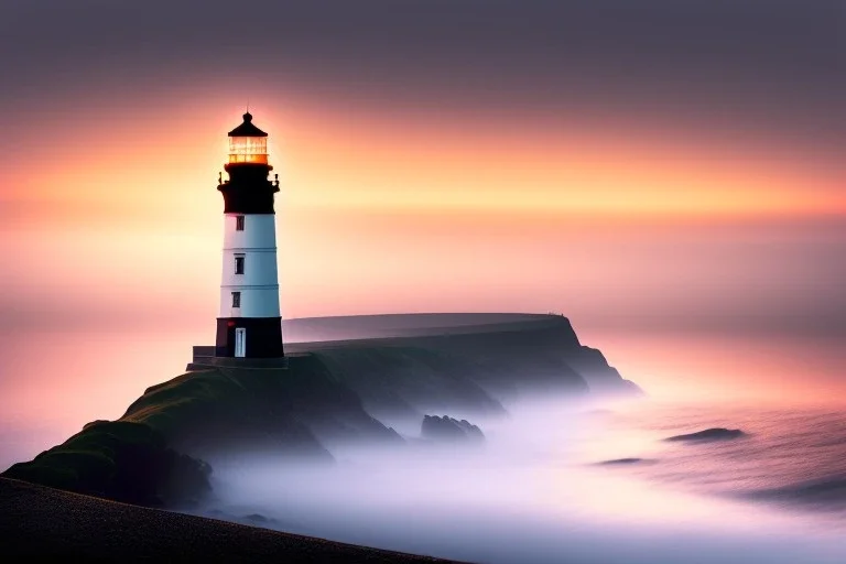 Lighthouse in England, foggy day with a climp of sunset, seagull