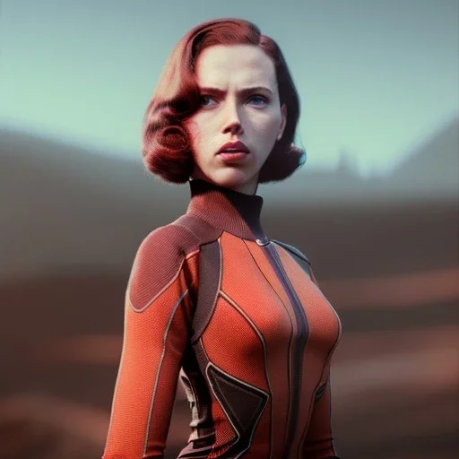 retro sci-fi portrait image from 1960, supermarket parking explosion, fire, classic black widow, young Scarlett Johansson, tight lycra suit, soft color, highly detailed, unreal engine 5, ray tracing, RTX, lumen lighting, ultra detail, volumetric lighting, 3d, finely drawn, high definition, high resolution.