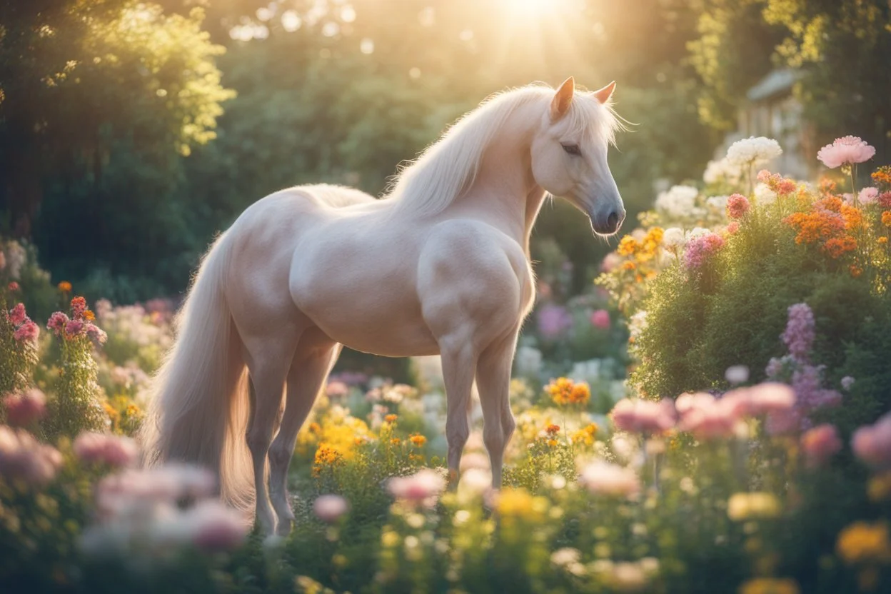 antropomorph horse cat in a flowergarden in sunshine, ethereal, cinematic postprocessing