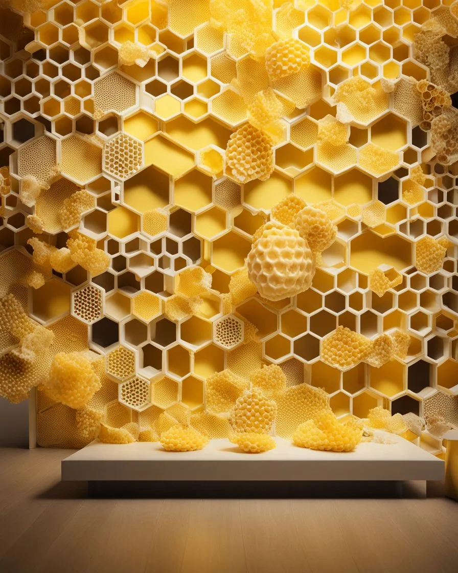 irtual photo wallpaper with honeycombs, a beautiful yellow background, false windows and bright pseudo-lights and spots on the walls, display shelves for products