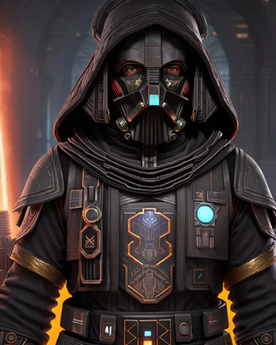 star wars bald male corellian jedi wearing gunmetal grey and black old republic armored flightsuit and breath mask with gold and metallic red trim inside the jedi temple, centered head and shoulders portrait, hyperdetailed, dynamic lighting, hyperdetailed background, 8k resolution, volumetric lighting, light skin, fully symmetric details