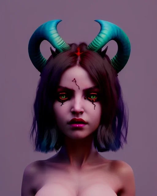 art of a short Succubus girl with black ram horns and deep red hair with green eyes, soft lighting, complimentary pastel gradients, high definition, 3d icon clay render, blender 3d