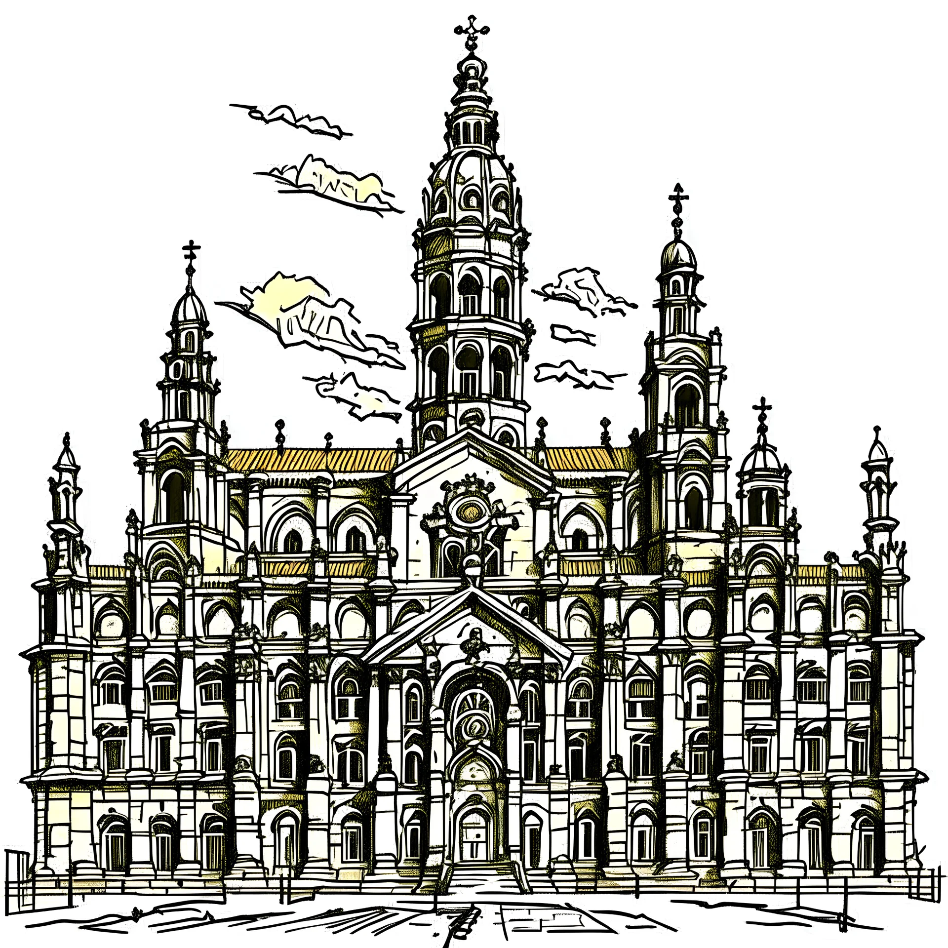 sketch of santiago de compostela cathedral, spain